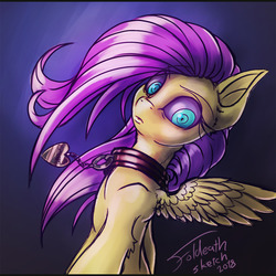 Size: 1024x1024 | Tagged: safe, artist:foldeath, fluttershy, pegasus, pony, g4, collar, colored sclera, creepy, female, flutterpet, looking at you, pet play, pet tag, sketch, solo, spread wings, wings