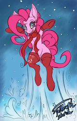 Size: 710x1111 | Tagged: safe, artist:foldeath, pinkie pie, pony, g4, big ears, clothes, female, jumping, looking at you, scarf, sketch, smiling, solo, starry eyes, stockings, thigh highs, wingding eyes, winter, wip