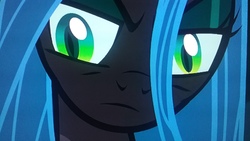 Size: 2560x1440 | Tagged: safe, screencap, queen chrysalis, changeling, changeling queen, g4, the mean 6, close-up, female, picture of a screen, solo