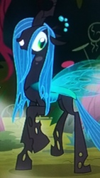 Size: 2560x1440 | Tagged: safe, screencap, queen chrysalis, changeling, changeling queen, g4, the mean 6, female, picture of a screen, smiling, solo