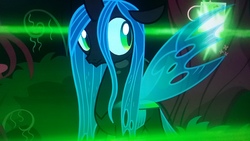 Size: 2560x1440 | Tagged: safe, screencap, queen chrysalis, changeling, changeling queen, g4, the mean 6, aside glance, female, picture of a screen, solo
