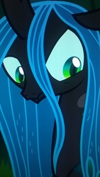 Size: 2560x1440 | Tagged: safe, screencap, queen chrysalis, changeling, changeling queen, g4, the mean 6, female, looking down, picture of a screen, solo