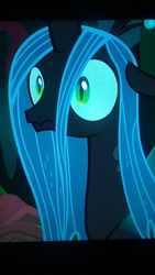 Size: 2560x1440 | Tagged: safe, screencap, queen chrysalis, changeling, changeling queen, g4, the mean 6, female, picture of a screen, solo, surprised