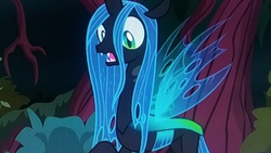 Size: 2560x1440 | Tagged: safe, screencap, queen chrysalis, changeling, changeling queen, g4, the mean 6, female, open mouth, picture of a screen, solo, surprised