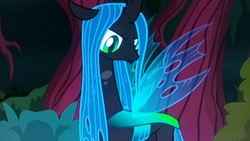 Size: 2560x1440 | Tagged: safe, screencap, queen chrysalis, changeling, changeling queen, g4, the mean 6, female, looking at you, picture of a screen, solo