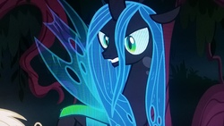 Size: 2560x1440 | Tagged: safe, screencap, queen chrysalis, changeling, changeling queen, g4, the mean 6, female, picture of a screen, solo