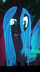 Size: 2560x1440 | Tagged: safe, screencap, queen chrysalis, changeling, changeling queen, g4, the mean 6, female, looking at you, picture of a screen, solo, worried