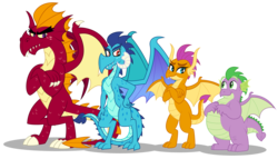 Size: 5000x2853 | Tagged: safe, artist:aleximusprime, garble, princess ember, smolder, spike, dragon, g4, chubby, cute, dragon lord ember, emberbetes, fat spike, future, gardorable, horns, older, older ember, older garble, older smolder, older spike, plump, scale, simple background, size comparison, size difference, smolderbetes, transparent background, vector, winged spike, wings