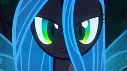 Size: 2560x1440 | Tagged: safe, screencap, queen chrysalis, changeling, changeling queen, g4, the mean 6, blue changeling, close-up, female, fourth wall, looking at you, picture of a screen, solo