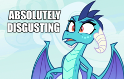 Size: 1129x720 | Tagged: safe, edit, edited screencap, screencap, princess ember, dragon, g4, triple threat, absolutely disgusting, caption, dragoness, female, image macro, meme, reaction, solo, text