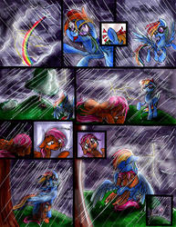 Size: 1693x2194 | Tagged: safe, artist:frostykat13, rainbow dash, scootaloo, pegasus, pony, comic:some dreams, g4, comfort, comforting, comic, crying, feels, female, filly, goggles, hug, lightning, rain, scootalove, tree