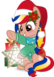 Size: 752x1062 | Tagged: safe, artist:jhayarr23, oc, oc only, oc:pearl shine, pegasus, pony, christmas, clothes, flower, flower in hair, gift wrapped, hat, holiday, jacket, philippines, santa hat, scarf, simple background, solo, star lantern