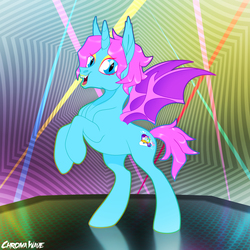 Size: 3000x3000 | Tagged: safe, artist:moonhoek, artist:wumbl3, oc, oc only, oc:chroma wave, alicorn, bat pony, bat pony alicorn, pony, rcf community, alicorn oc, bat pony oc, blank flank, collaboration, eyeshadow, fangs, femboy, high res, laser, lipstick, looking at you, makeup, male, open mouth, rave, rearing, slender, solo, spread wings, stallion, sternocleidomastoid, thin, wings