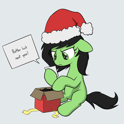 Size: 2000x2000 | Tagged: safe, artist:skitter, oc, oc only, oc:filly anon, pony, christmas, coal, disappointed, female, filly, high res, holiday, note, present, solo