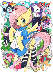 Size: 660x900 | Tagged: safe, artist:kabosu, applejack, fluttershy, pinkie pie, rainbow dash, rarity, twilight sparkle, alicorn, earth pony, pegasus, pony, unicorn, g4, alice, alice in wonderland, blushing, butt, cheshire cat, clothes, cosplay, costume, crossover, cute, female, mad hatter, mane six, mare, pixiv, plot, queen of hearts, scepter, shyabetes, socks, striped socks, twilight scepter, white rabbit