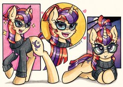 Size: 2048x1446 | Tagged: safe, artist:canvymamamoo, moondancer, pony, unicorn, g4, :p, clothes, cute, dancerbetes, female, glasses, heart eyes, mare, silly, solo, sweater, tongue out, wingding eyes