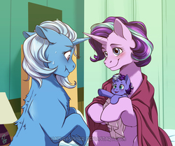 Size: 1092x911 | Tagged: safe, artist:hazurasinner, starlight glimmer, trixie, oc, oc:periwinkle glamour, pony, unicorn, g4, baby, baby pony, blanket, family, female, foal, lesbian, magical lesbian spawn, mare, offspring, parent:starlight glimmer, parent:trixie, parents:startrix, ship:startrix, shipping, smiling