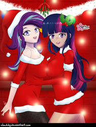 Size: 759x1000 | Tagged: safe, alternate version, artist:clouddg, starlight glimmer, twilight sparkle, equestria girls, g4, christmas, clothes, female, gloves, hat, holiday, human coloration, lesbian, long gloves, looking at you, multiple variants, open mouth, santa hat, ship:twistarlight, shipping, signature, symmetrical docking