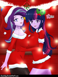 Size: 759x1000 | Tagged: safe, artist:clouddg, starlight glimmer, twilight sparkle, equestria girls, g4, christmas, clothes, duo, female, gloves, hat, holiday, lesbian, long gloves, looking at you, multiple variants, open mouth, santa hat, ship:twistarlight, shipping, signature, symmetrical docking