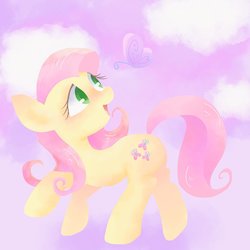 Size: 1447x1447 | Tagged: safe, artist:1drfl_world_end, fluttershy, butterfly, pony, g4, female, looking at something, looking up, mare, open mouth, smiling, solo, species swap, turned head, wingless