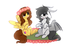 Size: 1506x951 | Tagged: safe, artist:php146, oc, oc only, oc:butterfly shy, oc:nathy x, dracony, hybrid, pegasus, pony, female, floral head wreath, flower, horns, male, mare, simple background, white background
