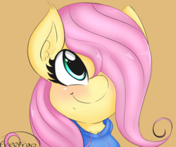 Size: 2443x2050 | Tagged: safe, artist:freefraq, fluttershy, pony, g4, bust, clothes, cute, female, filly, hair over one eye, high res, hoodie, looking up, portrait, shyabetes, simple background, smiling, solo