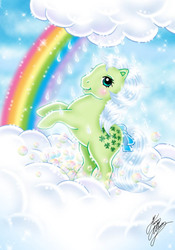 Size: 556x794 | Tagged: safe, artist:marco albiero, minty (g1), pony, g1, bubble, cloud, female, rainbow, solo