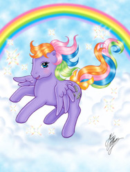 Size: 591x787 | Tagged: safe, artist:marco albiero, tickle (g1), pegasus, pony, g1, cloud, female, flying, rainbow, rainbow ponies, solo