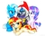 Size: 1853x1491 | Tagged: safe, artist:liaaqila, starlight glimmer, sunset shimmer, trixie, oc, oc:elizabat stormfeather, alicorn, bat pony, bat pony alicorn, pony, unicorn, g4, alicorn oc, bat pony oc, chest fluff, christmas, commission, cute, female, hat, holiday, hoof on cheek, mare, missing cutie mark, on side, open mouth, present, santa hat, simple background, traditional art, white background