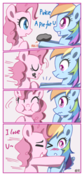 Size: 600x1250 | Tagged: safe, artist:tastyrainbow, pinkie pie, rainbow dash, earth pony, pegasus, pony, g4, big eyes, blushing, cake, chinese, comic, cute, eating, eyes closed, female, food, grin, happy, hooves, hug, i love you, lesbian, mare, one eye closed, ship:pinkiedash, shipping, smiling, spread wings, wings, wink