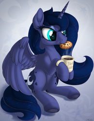 Size: 2100x2700 | Tagged: safe, artist:awalex, princess luna, alicorn, pony, g4, coffee, cookie, cute, female, food, high res, lunabetes, mare, mouth hold, solo