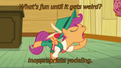 Size: 640x360 | Tagged: safe, edit, edited screencap, screencap, scootaloo, pony, g4, on your marks, caption, cards against humanity, clothes, clubhouse, crusaders clubhouse, female, image macro, lederhosen, solo, text, yodeling, yodeloo