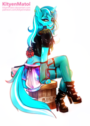 Size: 2071x2896 | Tagged: safe, artist:kityenmatoi, lyra heartstrings, unicorn, anthro, g4, boots, clothes, crossed legs, ear piercing, earring, female, fishnet stockings, high heel boots, high heels, high res, horn, horn ring, jewelry, mare, panties, piercing, platform heels, shoes, sitting, solo, thong, underwear