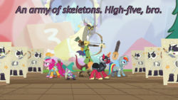 Size: 640x360 | Tagged: safe, edit, edited screencap, screencap, big macintosh, discord, pinkie pie, rainbow dash, spike, pony, skeleton pony, unicorn, dungeons and discords, g4, bard pie, bone, captain wuzz, caption, cards against humanity, dungeons and dragons, fantasy class, garbuncle, image macro, ogres and oubliettes, pen and paper rpg, race swap, rainbow rogue, rpg, sir mcbiggen, skeleton, text, unicorn big mac