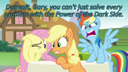 Size: 640x360 | Tagged: safe, edit, edited screencap, screencap, applejack, fluttershy, rainbow dash, every little thing she does, g4, angry, caption, cards against humanity, image macro, swearing, text, trio, yelling