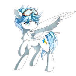 Size: 1458x1458 | Tagged: source needed, safe, oc, oc only, oc:bubble knight, pegasus, pony, goggles, looking at you, raised hoof, simple background, smiling, solo, spread wings, transparent background, wings