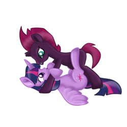 Size: 1024x1024 | Tagged: safe, artist:sparkleshadow, tempest shadow, twilight sparkle, alicorn, pony, unicorn, g4, my little pony: the movie, bedroom eyes, broken horn, female, horn, hug, lesbian, lying down, mare, on back, on top, ship:tempestlight, shipping, simple background, transparent background, twilight sparkle (alicorn)