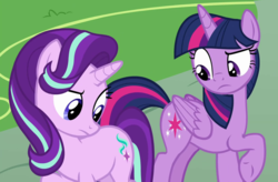 Size: 1070x700 | Tagged: safe, screencap, starlight glimmer, twilight sparkle, alicorn, pony, unicorn, g4, triple threat, cropped, cutie mark, duo, female, look at my butt, mare, raised hoof, twilight sparkle (alicorn)