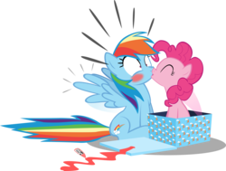 Size: 9000x6820 | Tagged: safe, artist:ace play, pinkie pie, rainbow dash, earth pony, pegasus, pony, g4, absurd resolution, blushing, box, duo, female, kiss on the lips, kissing, lesbian, mare, pony in a box, present, ship:pinkiedash, shipping, simple background, spread wings, surprise kiss, surprised, transparent background, vector, wingboner, wings