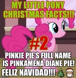 Size: 449x458 | Tagged: safe, edit, edited screencap, screencap, pinkie pie, g4, captain obvious, caption, christmas, christmas tree, emoji, excessive exclamation marks, fun fact, hat, holiday, image macro, my little pony christmas facts, op is a slowpoke, santa claus, santa hat, spanish, text, tree