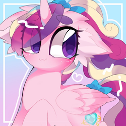 Size: 768x768 | Tagged: safe, artist:lavender_1227, princess cadance, alicorn, pony, g4, :3, blushing, bow, cute, cutedance, female, hair bow, mare, ponytail, solo, tail bow