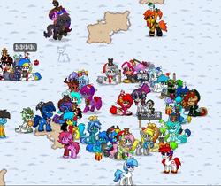 Size: 805x677 | Tagged: safe, derpy hooves, trixie, oc, oc:omega, pony, pony town, g4, chinese, pixel art, snow, snowpony, winter