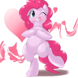 Size: 1536x1536 | Tagged: safe, artist:kurogewapony, pinkie pie, earth pony, pony, g4, :p, bipedal, female, heart, mare, one eye closed, solo, standing, standing on one leg, tongue out, wink