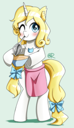 Size: 700x1210 | Tagged: safe, artist:tastyrainbow, pony, unicorn, apron, bipedal, blue, blushing, bow, bowl, clothes, cute, egg beater, green eyes, hair bow, hoof hold, one eye closed, smiling, solo, tail bow, wink