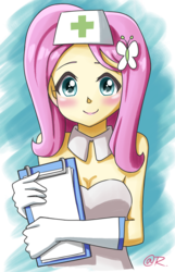 Size: 740x1150 | Tagged: safe, artist:tastyrainbow, fluttershy, equestria girls, g4, anime, bare shoulders, big eyes, blushing, breasts, cleavage, clothes, cute, female, flutternurse, gloves, happy, long gloves, nurse, shy, shyabetes, sleeveless, solo, strapless