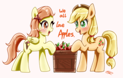 Size: 1260x800 | Tagged: safe, artist:tastyrainbow, applejack, oc, g4, apple, blushing, food, happy, one eye closed, wink