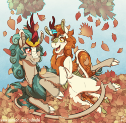 Size: 1843x1800 | Tagged: safe, artist:inuhoshi-to-darkpen, autumn blaze, rain shine, kirin, sounds of silence, autumn, awwtumn blaze, blushing, cloven hooves, colored sclera, cute, duo, female, leaves, one eye closed, open mouth, queen, wink