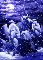 Size: 1143x1600 | Tagged: safe, artist:inuhoshi-to-darkpen, princess luna, alicorn, pony, g4, ethereal mane, female, looking up, mare, night, slit pupils, snow, solo, wing claws, winter