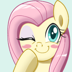 Size: 480x480 | Tagged: safe, artist:tastyrainbow, fluttershy, pony, g4, blue background, blue eyes, blush sticker, blushing, bust, cute, eyeshadow, female, happy, makeup, mare, one eye closed, portrait, simple background, smiling, solo, wink