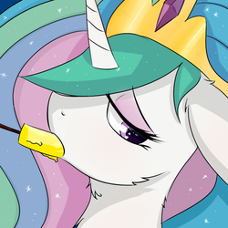 Size: 600x600 | Tagged: safe, artist:dashy21, princess celestia, alicorn, pony, g4, chest fluff, female, floppy ears, food, jewelry, lidded eyes, mare, popsicle, regalia, solo